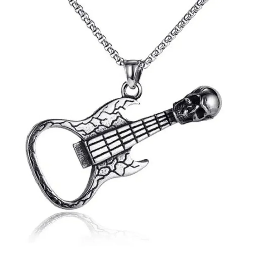 SILVER SKULL GUITAR BOTTLE OPENER NECKLACE